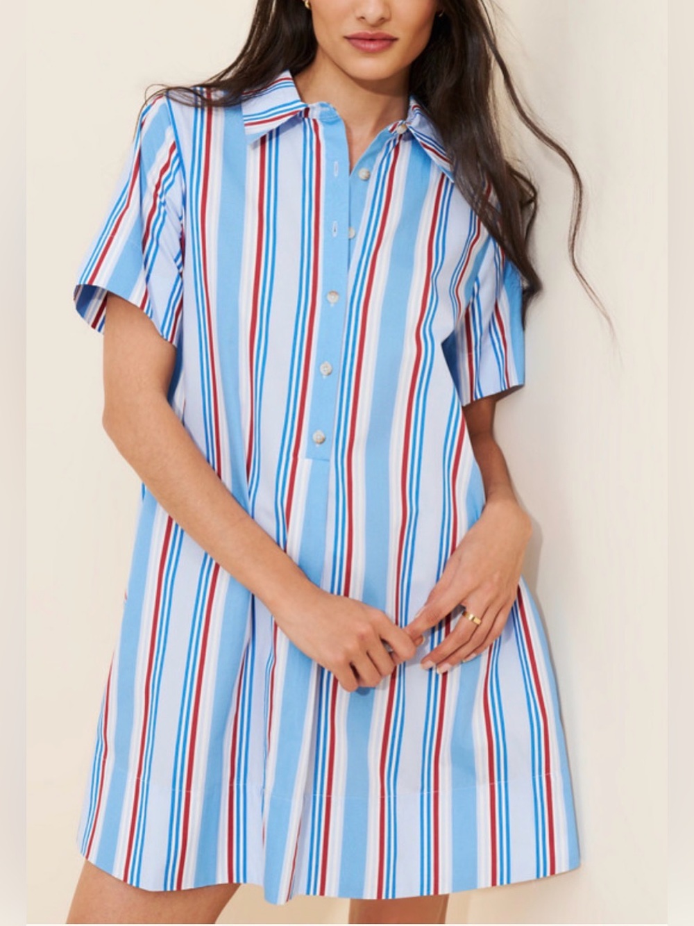 Striped Button-Front Shirt Dress in Light Blue Size L